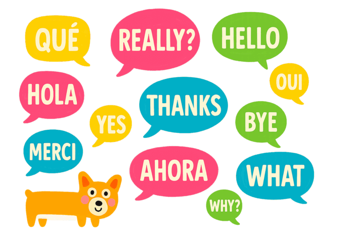Ilustrace k článku s tipy Jak se efektivně učit cizí jazyk s barevnými bublinami se slovy v angličtině, španělštině a francouzštině