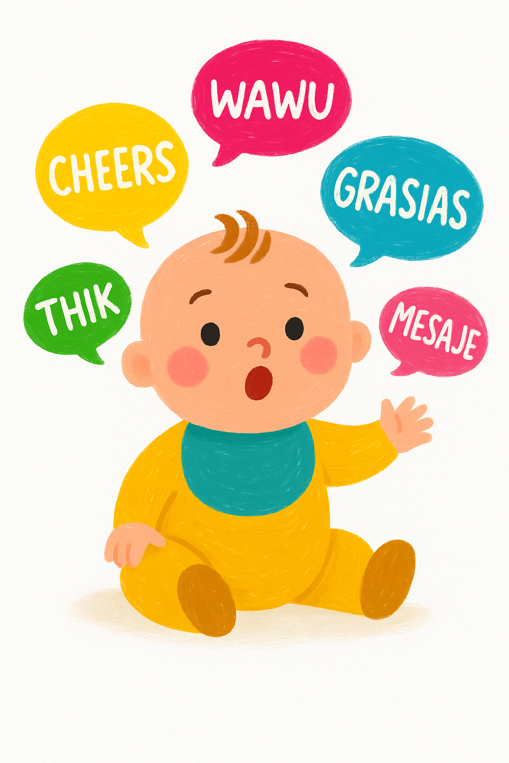 ilustrace k článku o tom, jak se učit cizí jazyky s miminem a slovy okolo něj