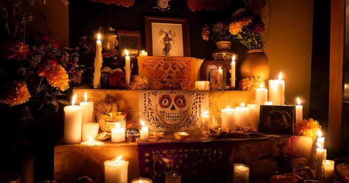 Oltář na Día de los Muertos s květinami cempasúchil, svíčkami, fotografiemi a cukrovou lebkou jako součást ofrendy, Mexiko. 