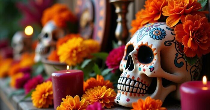 Dekorovaná cukrová lebka obklopená květy cempasúchil a svíčkami během oslav Día de los Muertos v Mexiku.