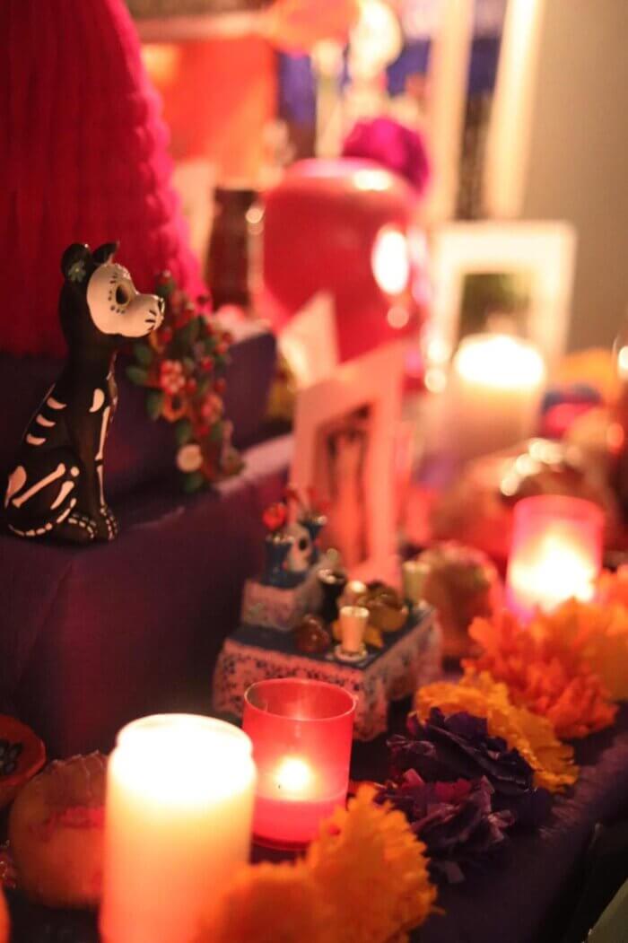 Oltář Día de los Muertos věnovaný domácím mazlíčkům s figurkou kostlivého psa, květy cempasúchil a svíčkami.