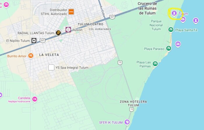 Mapa města Tulum a zona hotelera v Mexiku, poloostrov Yucatan, stát Quintana Roo