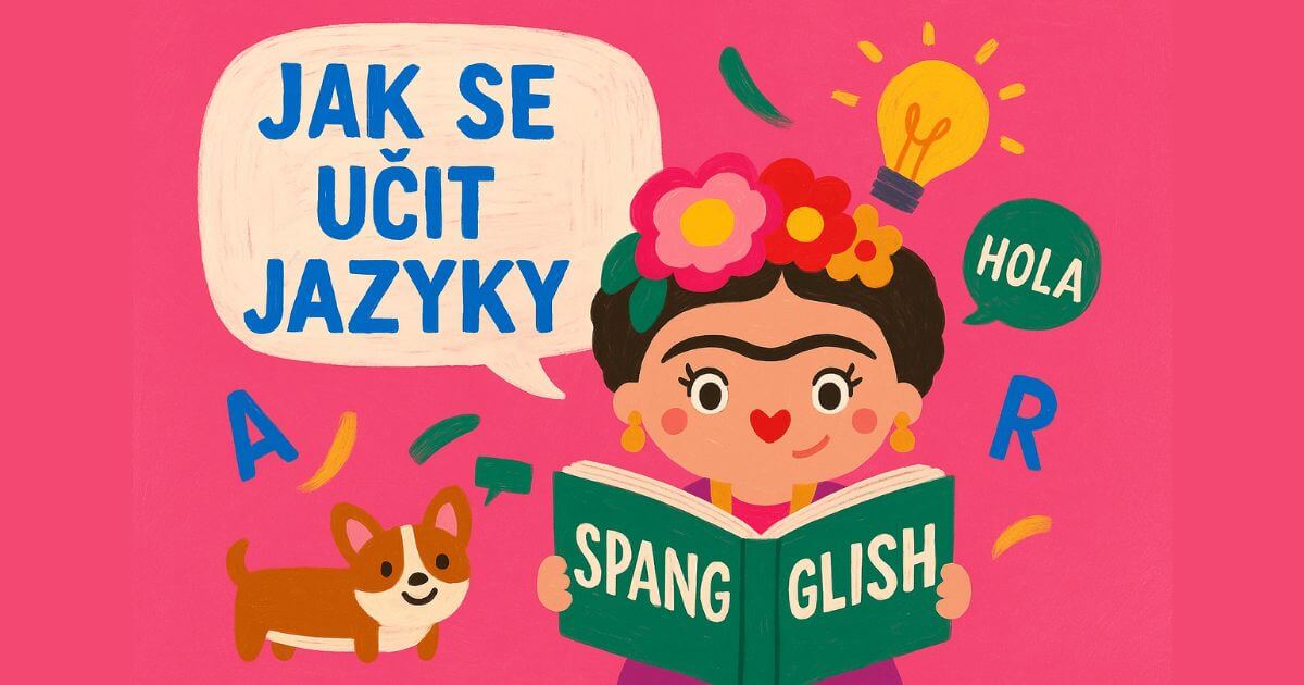 Ilustrace k článku Jak se učit cizí jazyky bez talentu s Fridou s knihou a psem