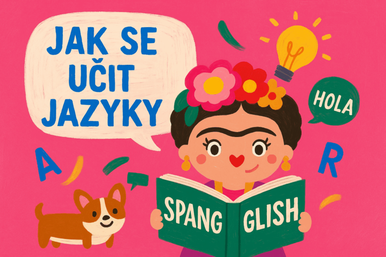 Ilustrace k článku Jak se učit cizí jazyky s Fridou s knihou a psem
