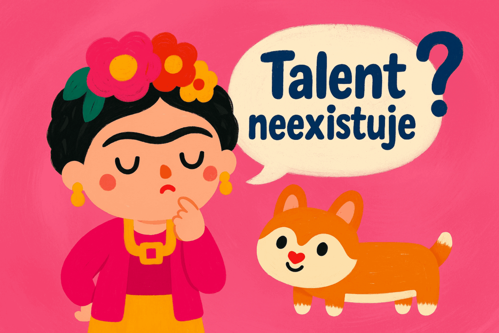 Ilustrace k článku Jak se učit cizí jazyky s Fridou a nápisem Talent na jazyky neexistuje