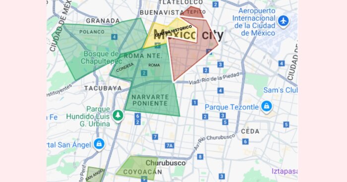 Bezpečnost v Mexico City- mapa Mexico City s vyznačením bezpečných a nebezpečných čtvrtí.