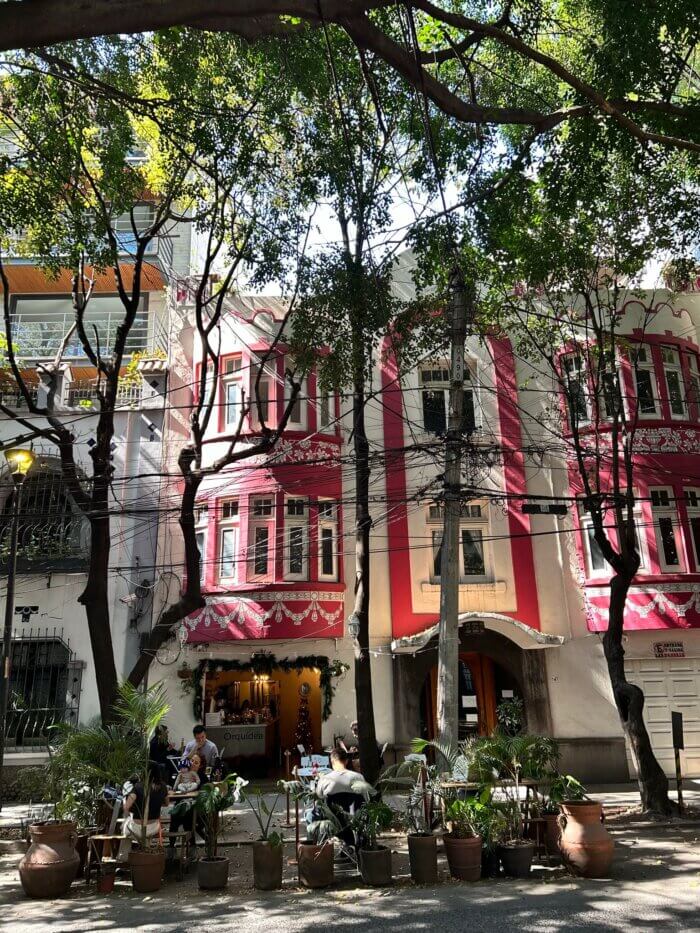 Barevná budova a kavárna Orquídea v čtvrti Condesa, Mexico City, se stolky venku pod stromy.
