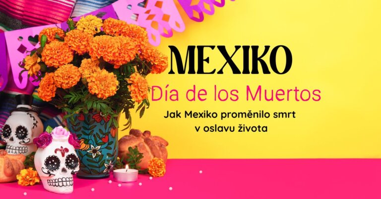 Tradiční oltář k oslavě Día de los Muertos v Mexiku – oranžové květy cempasúchil, cukrové lebky a pan de muerto na barevném pozadí.