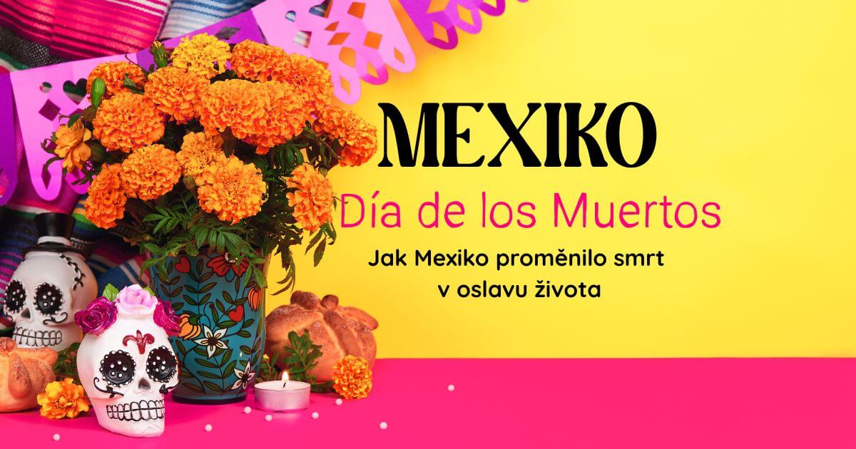 Tradiční oltář k oslavě Día de los Muertos v Mexiku – oranžové květy cempasúchil, cukrové lebky a pan de muerto na barevném pozadí.
