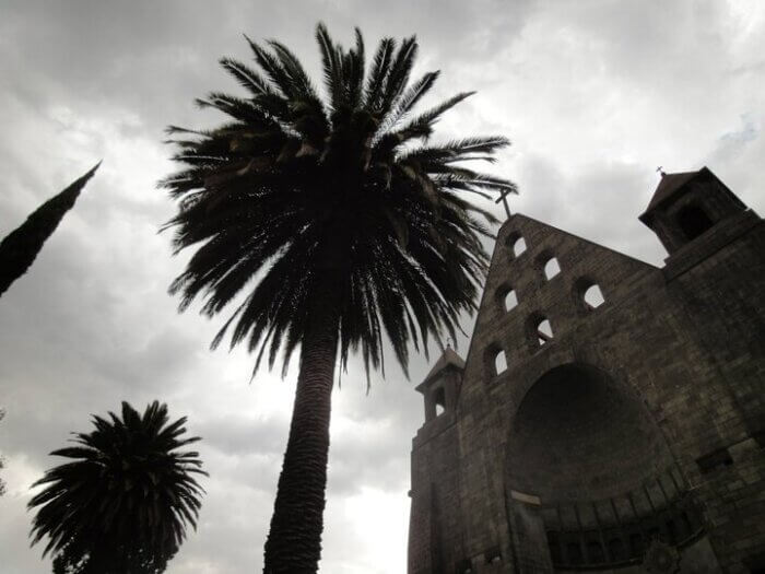 Kostel Parroquia de San Agustín v Polancu, Mexico City, s vysokou palmou před vstupem.