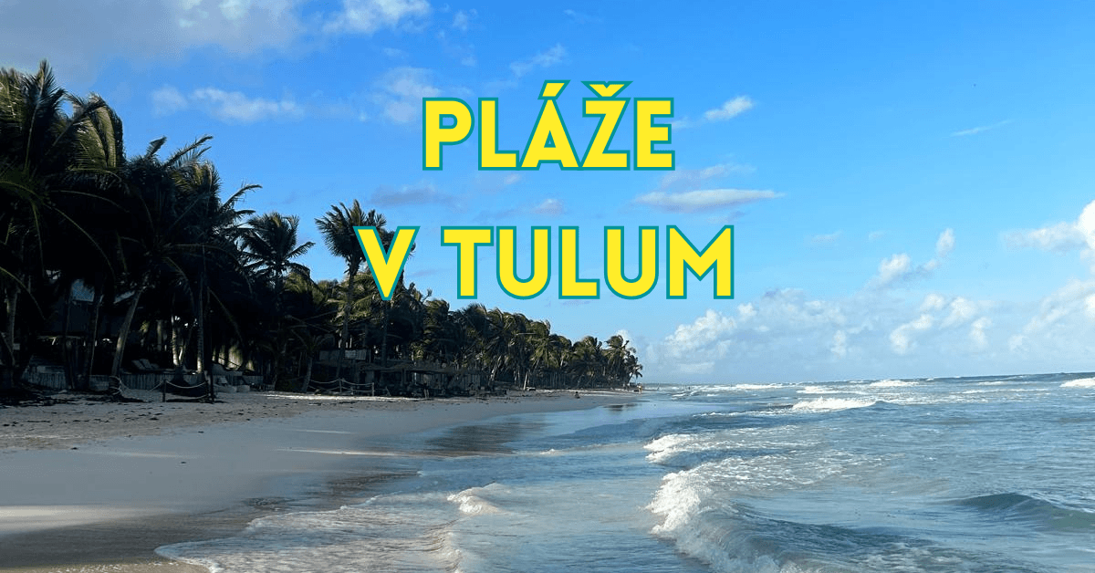 Pohled na pláž s bílým pískem a tyrkysovým mořem a palmami v Tulum v Mexiku na Yucatanu